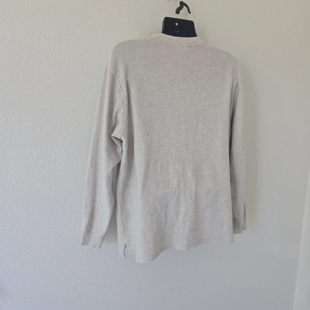 LL Bean Mens Large Beige Cotton Thermal  Long Sleeve Henley Shirt Waffle Knit